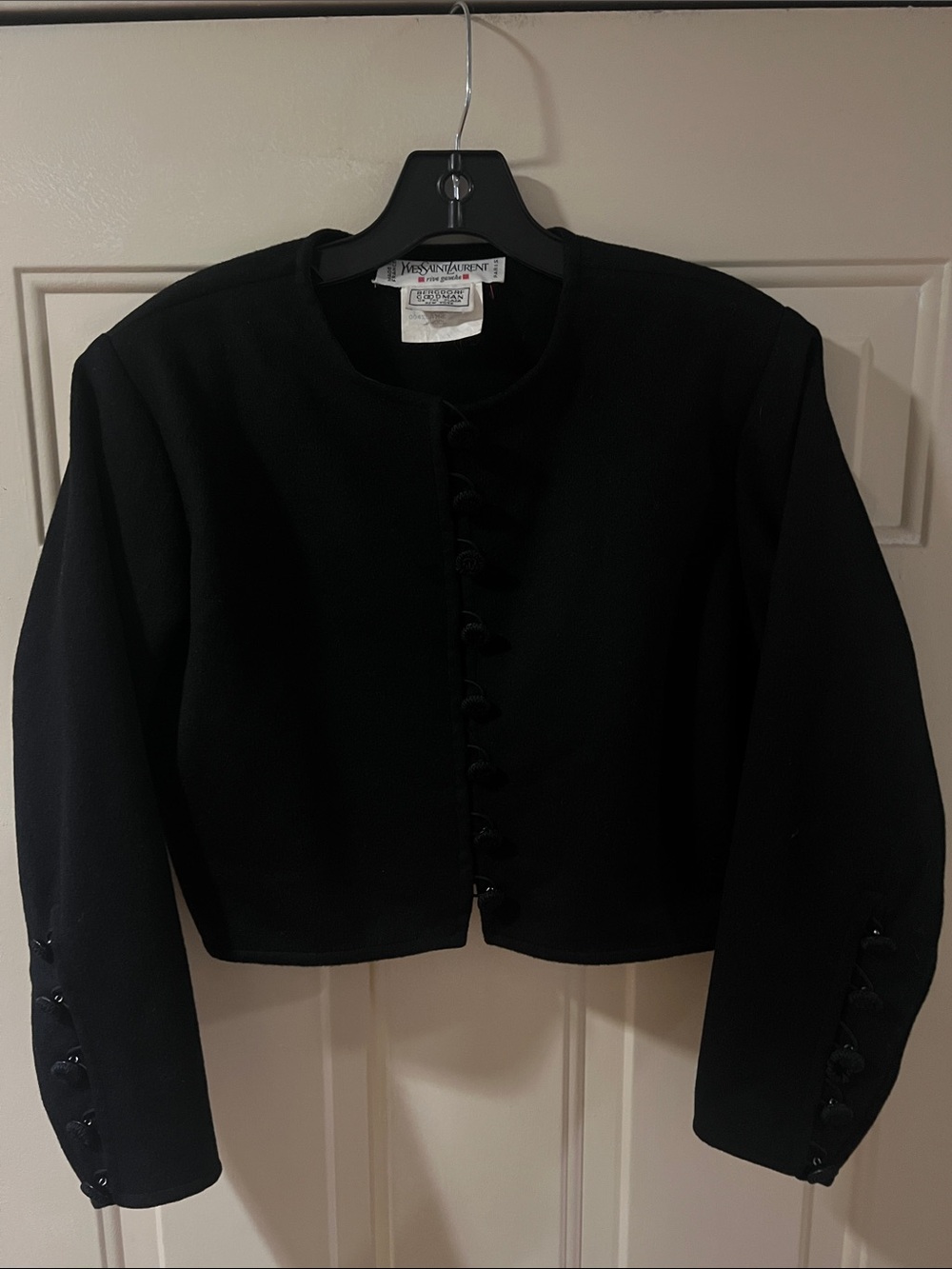 Yves Saint Laurent- Rive Gauche- Vintage Black Cropped Collarless Button Jacket
